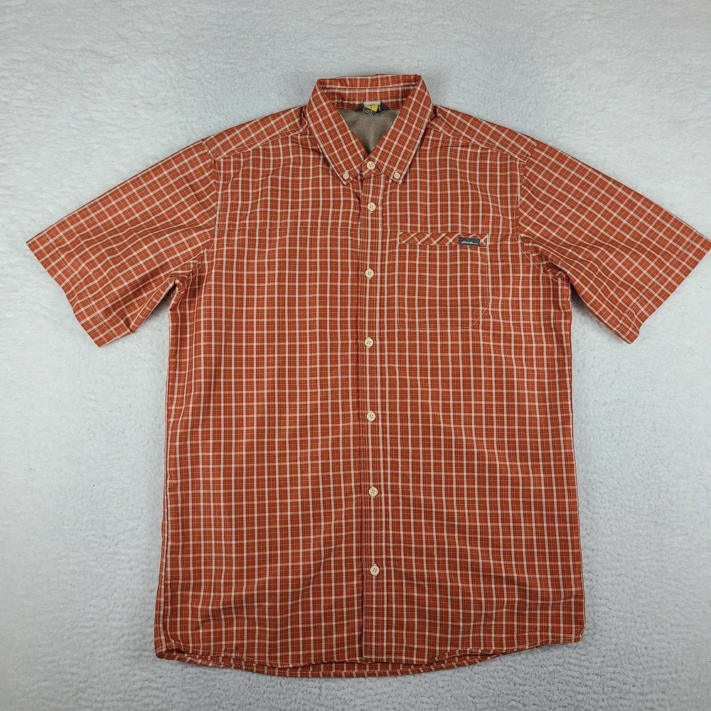 Eddie Bauer TraveX Shirt Men TL Large Tall Orange Plaid Preppy Outdoor Button Up